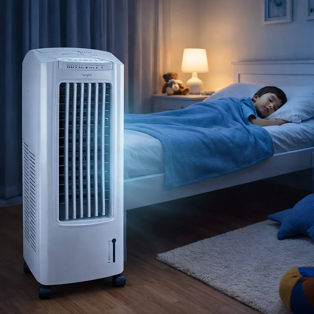 Uma criança dormindo tranquilamente em um quarto iluminado suavemente, exemplificando as diferenças entre climatizador e ventilador no uso noturno. Próximo à cama, um climatizador branco da marca Elgin refresca o ambiente de forma silenciosa.